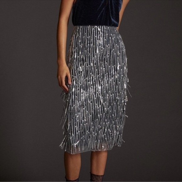 NWT Anthropologie Maeve Sequened Fringe Midi Silver Sequin Skirt Size 2 - Picture 3 of 16
